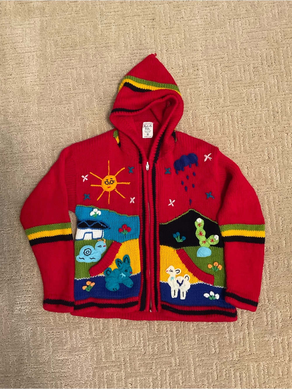 Isabella Mia Sweater 100% Wool Peruvian Folk Art Knit Hooded Zip Red Girls 8 EUC